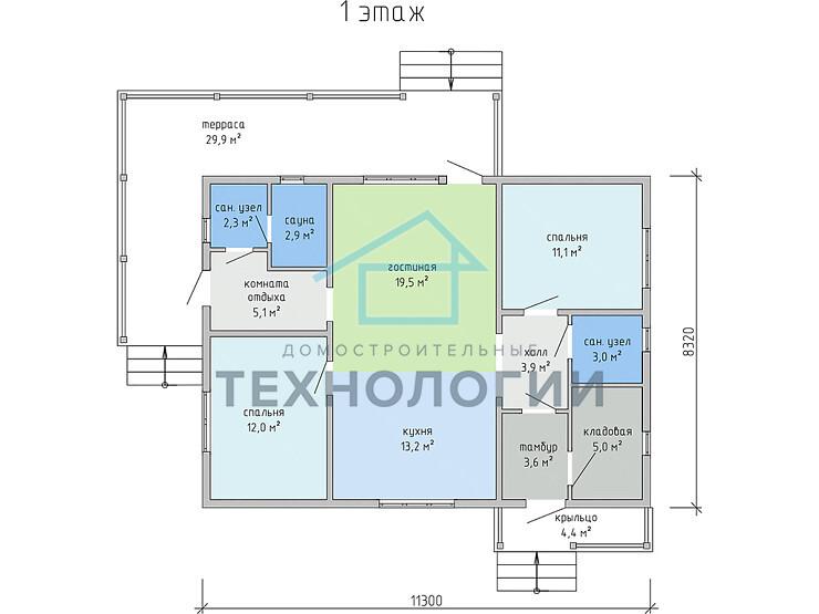 Скандинавский одноэтажный дом из бруса 8х11 с террасой Ярина
